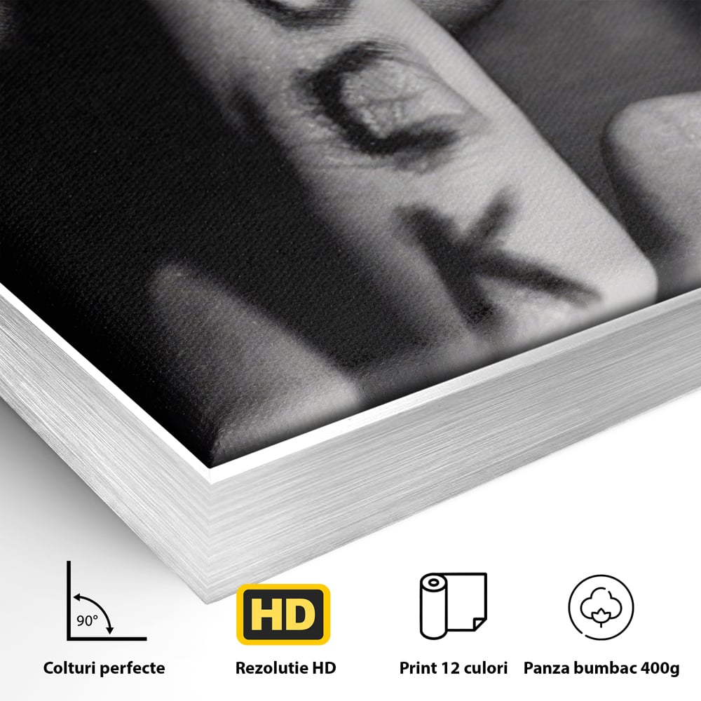 Detaliu al suprafetei: tablou canvas cu buze si deget, in rama de aluminiu argintiu
